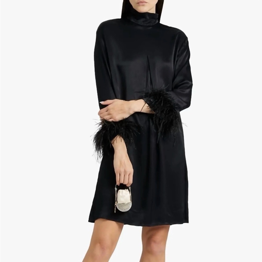 NWT Sleeper Party Feather Trimmed Satin Mini Dress Black Size Small